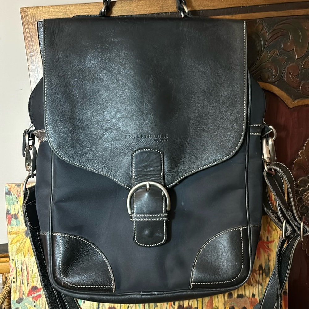 Kenneth Cole New York Black Nylon and Leather Backpack Bag Convertible Strap - Picture 13 of 13